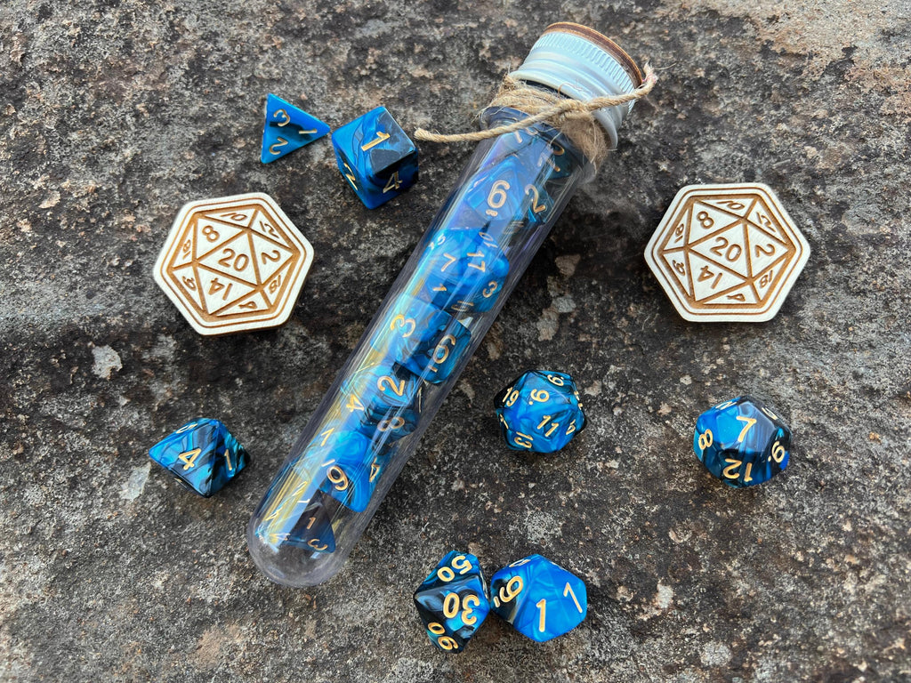 Blue Black "Lapis Lazuli" DnD 7 Polyhedral Dice Set in Potion Flask