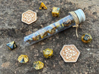 Yellow Black Gold "Yellow Badger" DnD 7 Polyhedral Dice Set in Potion Flask