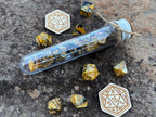 Yellow Black "Dragon Gold" DnD 7 Polyhedral Dice Set in Potion Flask
