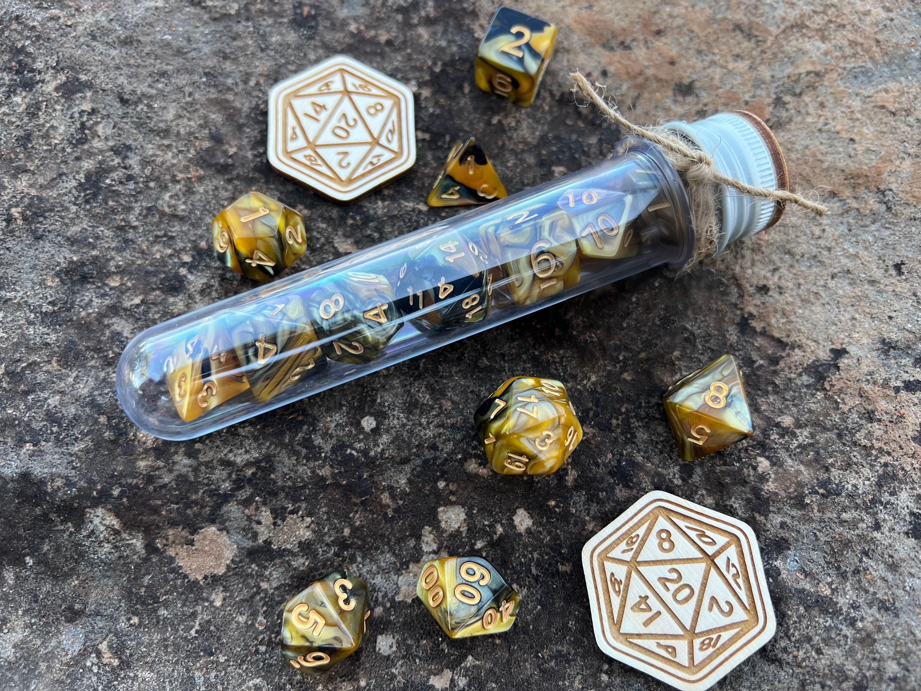Yellow Black "Dragon Gold" DnD 7 Polyhedral Dice Set in Potion Flask