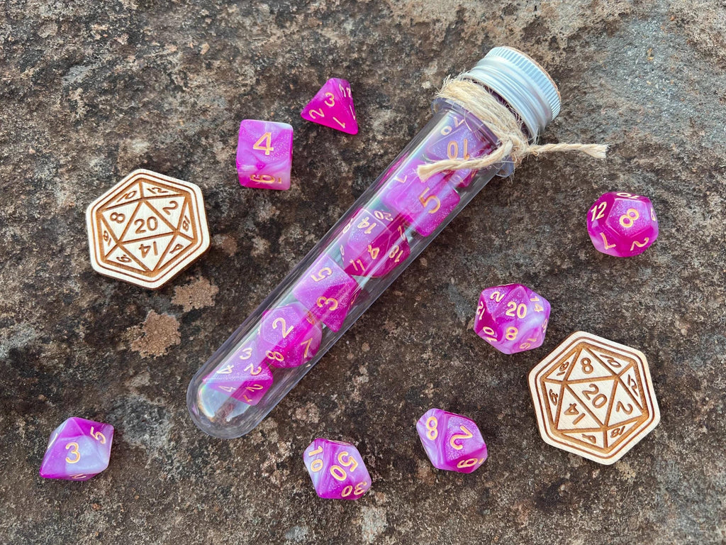 Shimmer Pink White Gold "Magic Sakura" DnD 7 Polyhedral Dice Set in Potion Flask