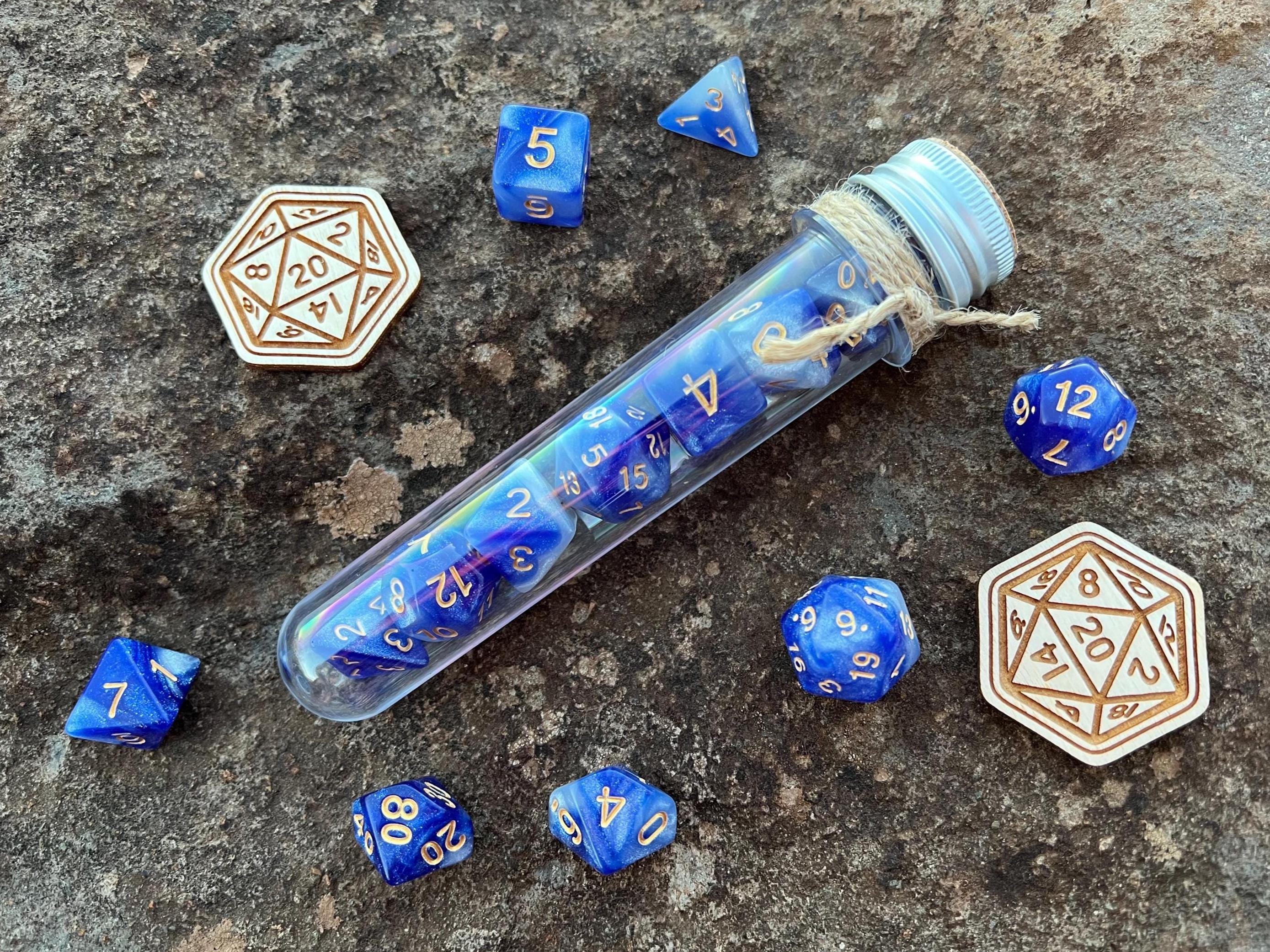 Shimmer Blue White Gold "Mighty Djinni" DnD 7 Polyhedral Dice Set in Potion Flask
