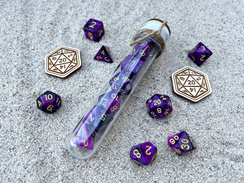 Purple Black "Purple Whale" DnD 7 Polyhedral Dice Set in Potion Flask