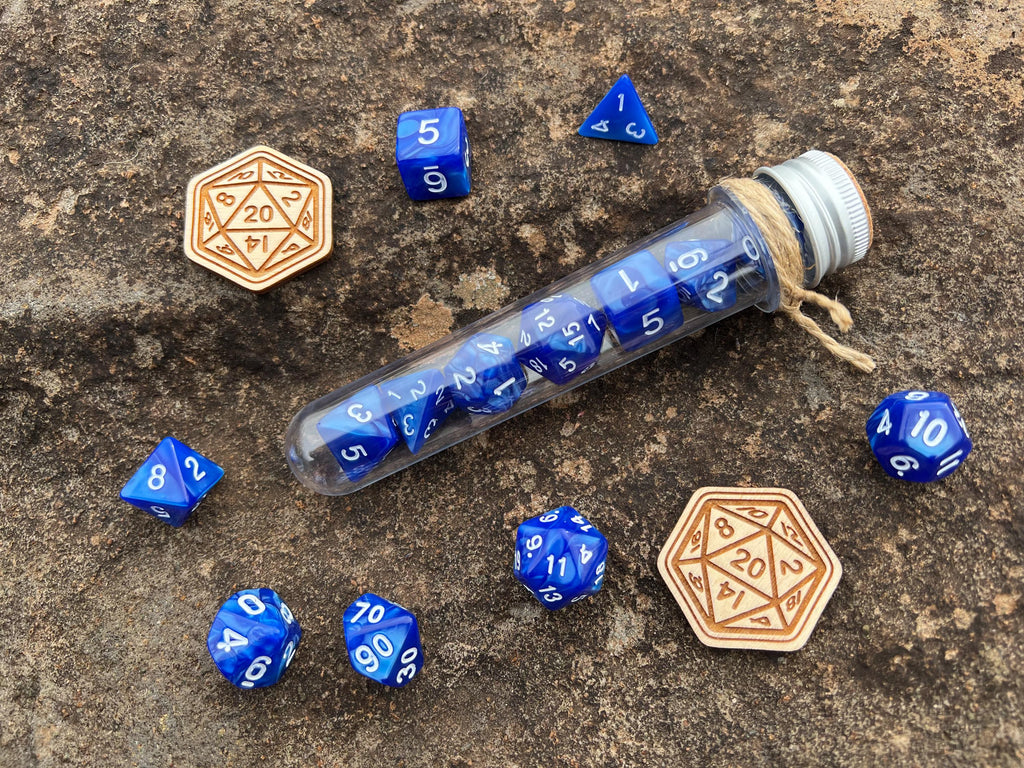 Blue White "Tsunami" DnD 7 Polyhedral Dice Set in Potion Flask