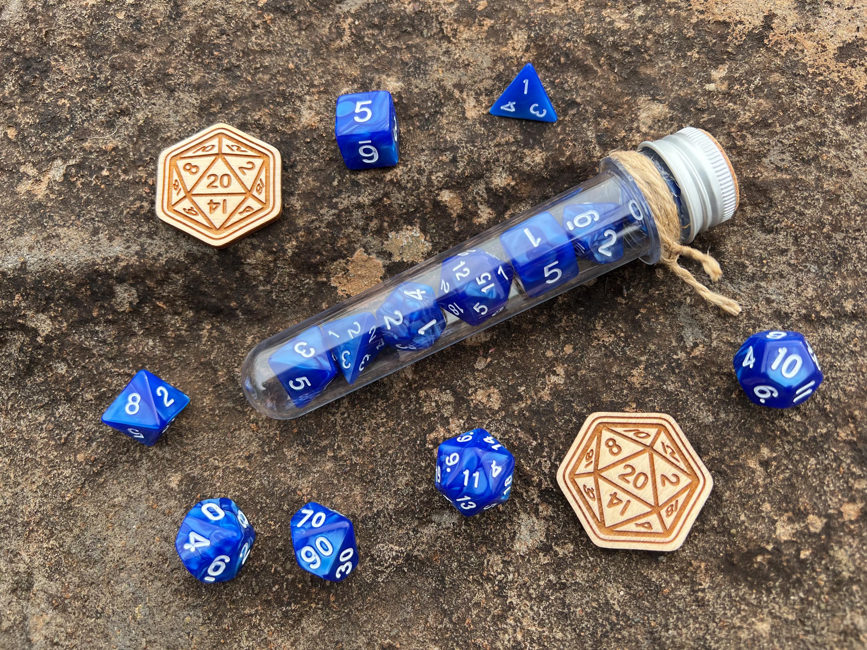 Blue White "Tsunami" DnD 7 Polyhedral Dice Set in Potion Flask