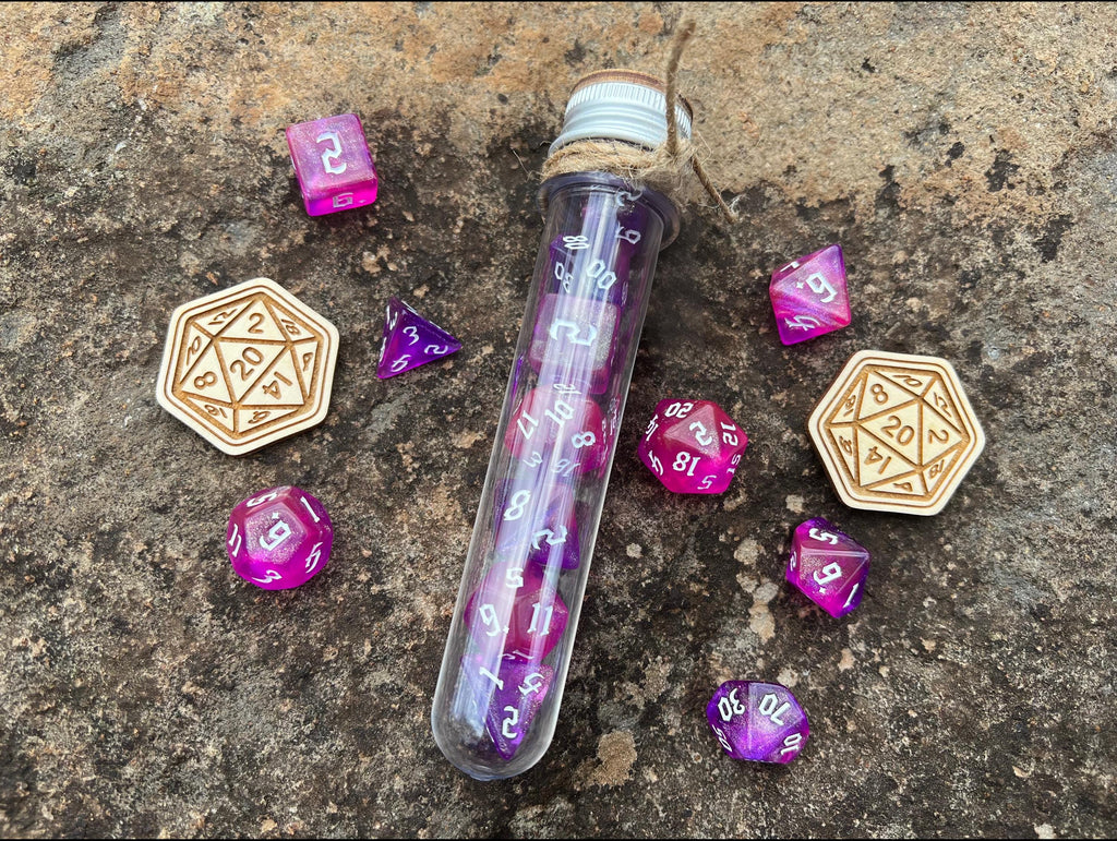 Shimmer Pink "Fairy Dust" DnD 7 Polyhedral Dice Set in Potion Flask