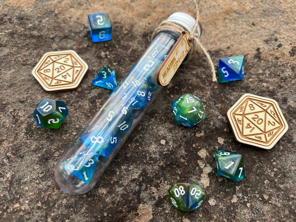 Shimmer Blue Yellow "Druid Magic" DnD 7 Polyhedral Dice Set in Potion Flask