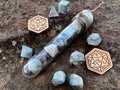 Gray White Gold "Storm" DnD 7 Polyhedral Dice Set in Potion Flask