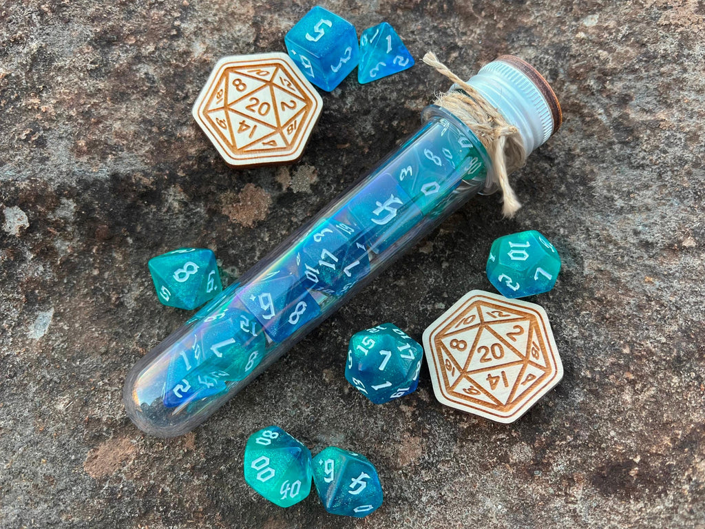 Shimmer Blue White "Kraken" DnD 7 Polyhedral Dice Set in Potion Flask