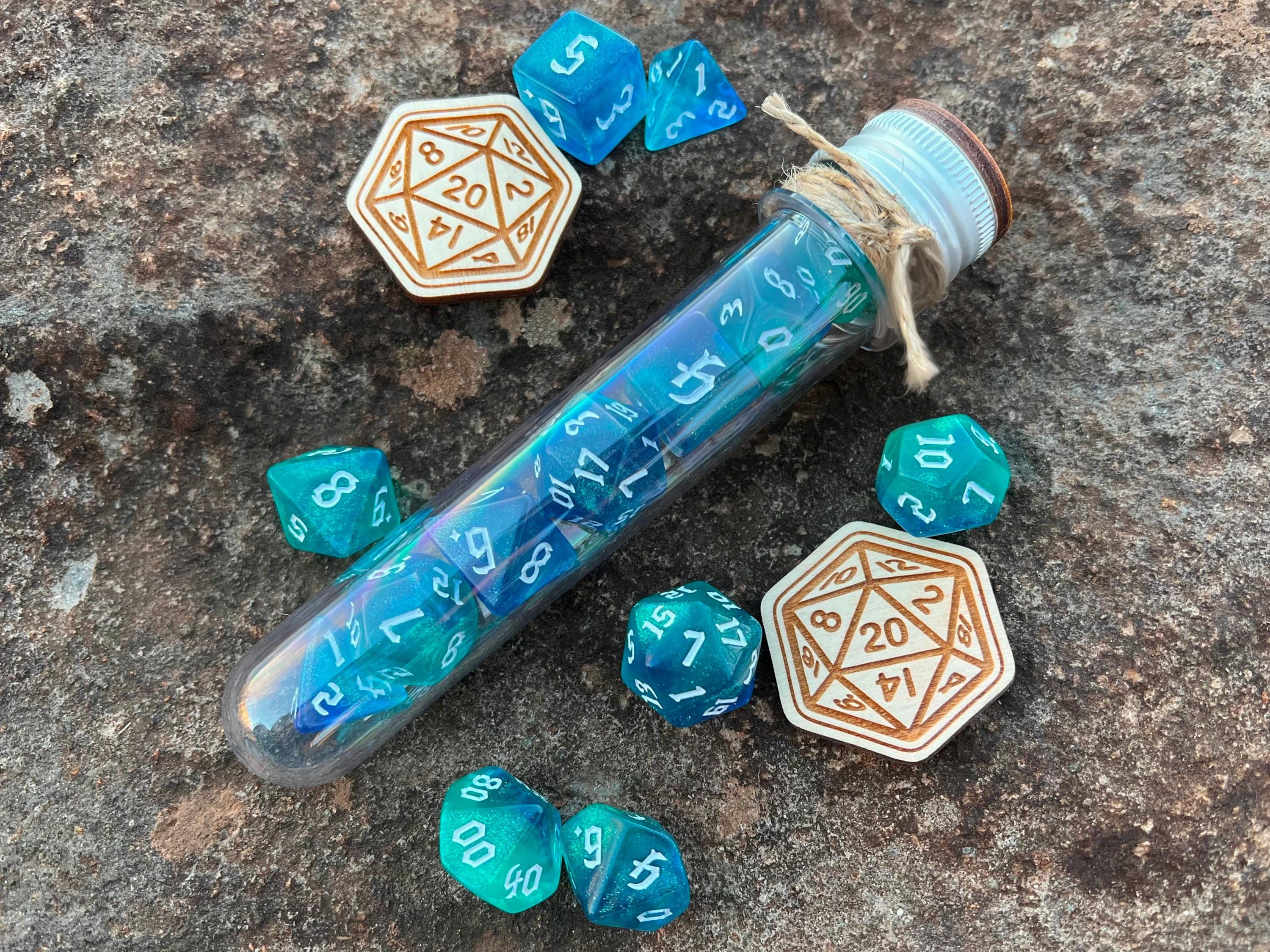 Shimmer Blue White "Kraken" DnD 7 Polyhedral Dice Set in Potion Flask
