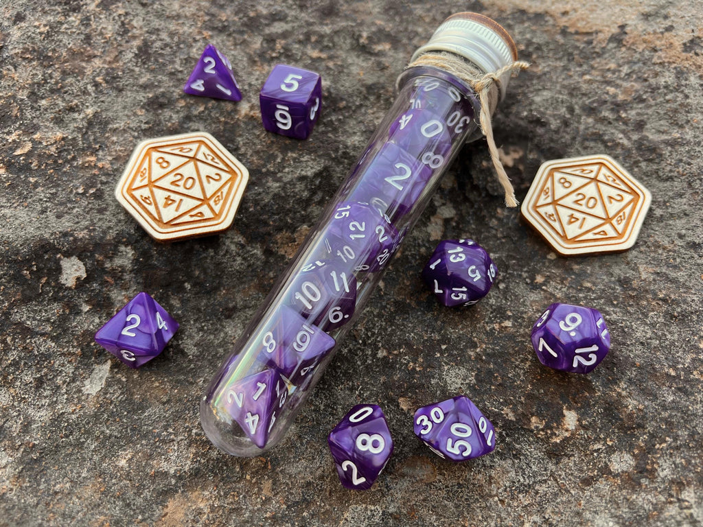 Purple White "Amethyst" DnD 7 Polyhedral Dice Set in Potion Flask