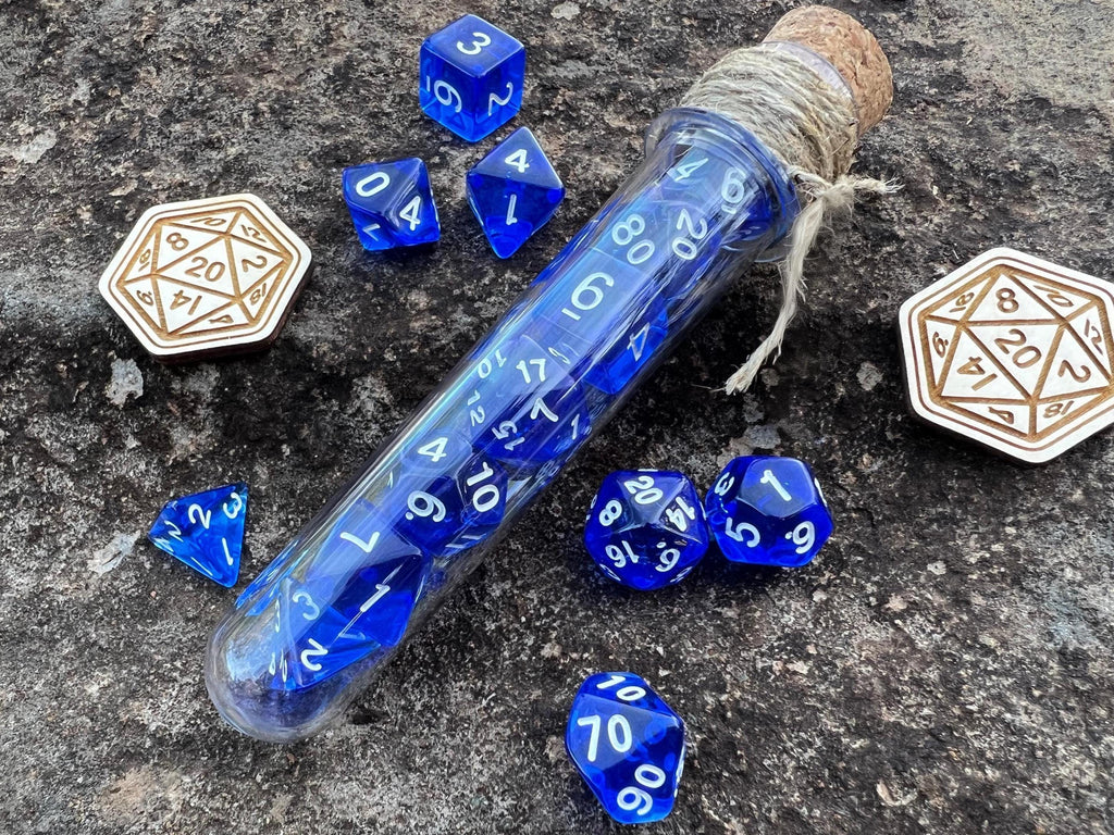 Transparent Blue "Mana Potion" DnD 7 Polyhedral Dice Set in Potion Flask