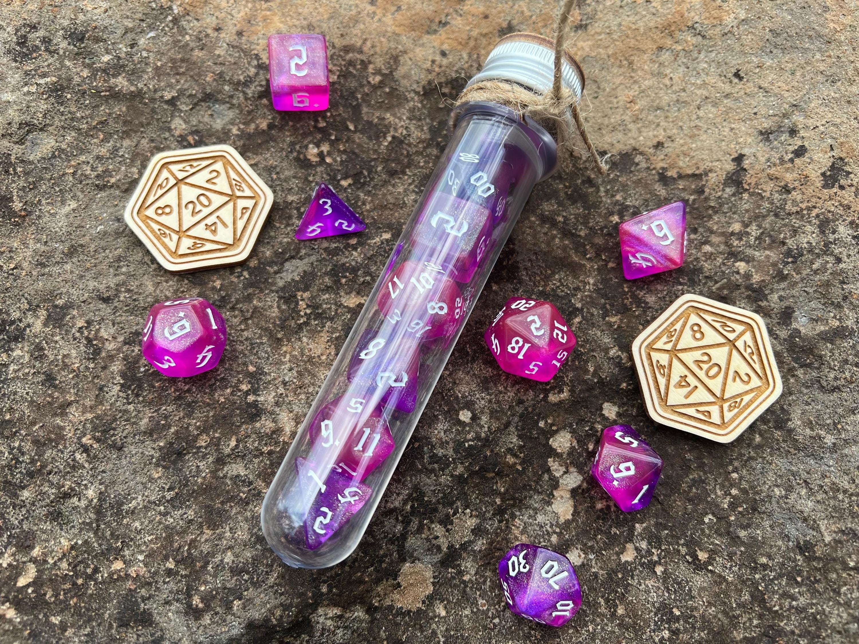Shimmer Pink "Fairy Dust" DnD 7 Polyhedral Dice Set in Potion Flask