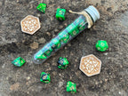 Green Black Gold "Green Serpent" DnD 7 Polyhedral Dice Set in Potion Flask