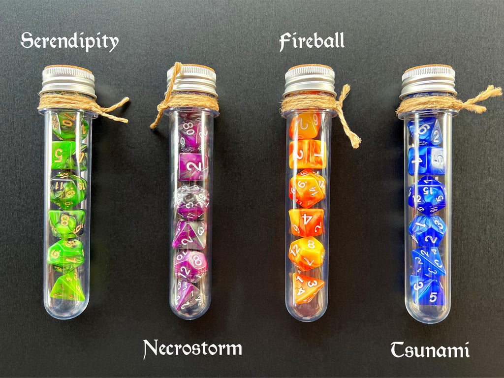 DnD 7 Polyhedral Dice Set in Potion Flask "Spellbook" Collection