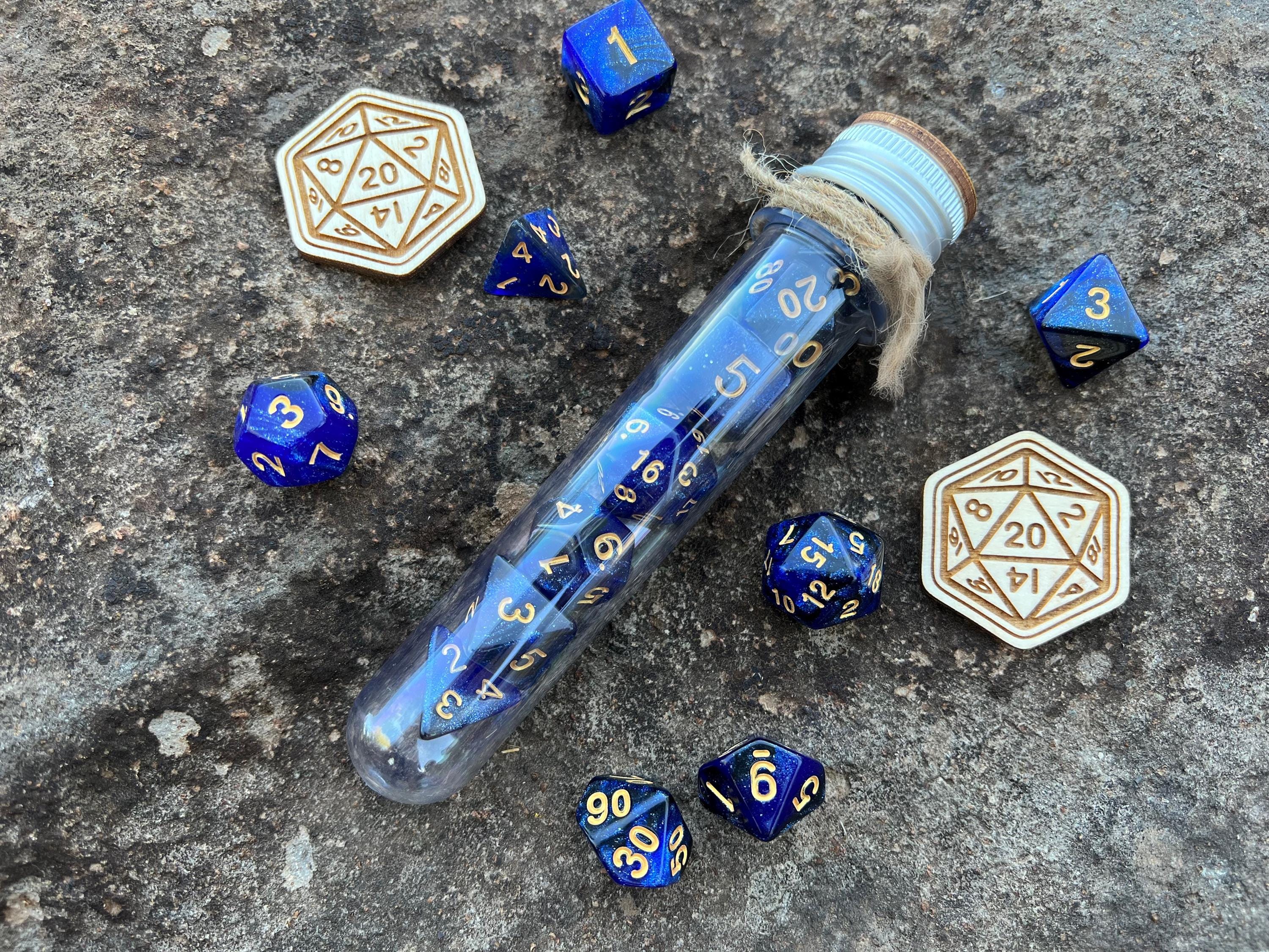 Shimmer Blue Black "Billion Stars" DnD 7 Polyhedral Dice Set in Potion Flask