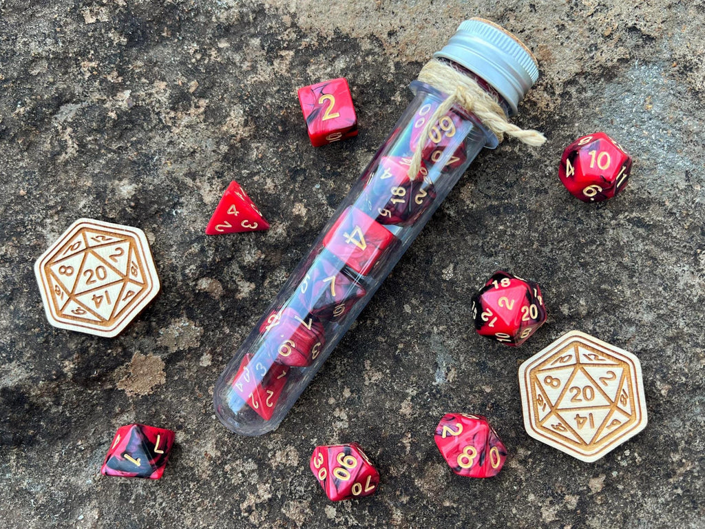 Red Black Gold "Red Lion" DnD 7 Polyhedral Dice Set in Potion Flask