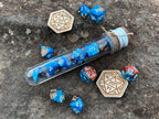 Blue Brown Orange "Ice and Fire" DnD 7 Polyhedral Dice Set in Potion Flask