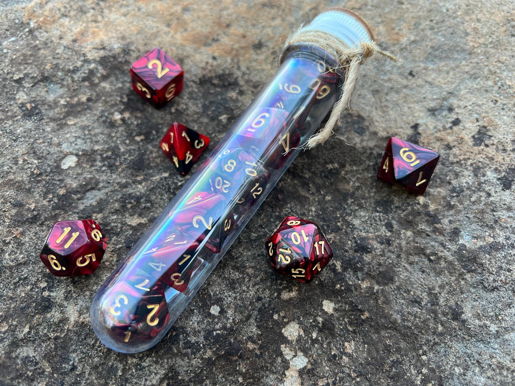 Red Black Gold "Dragon Blood" DnD 7 Polyhedral Dice Set in Potion Flask