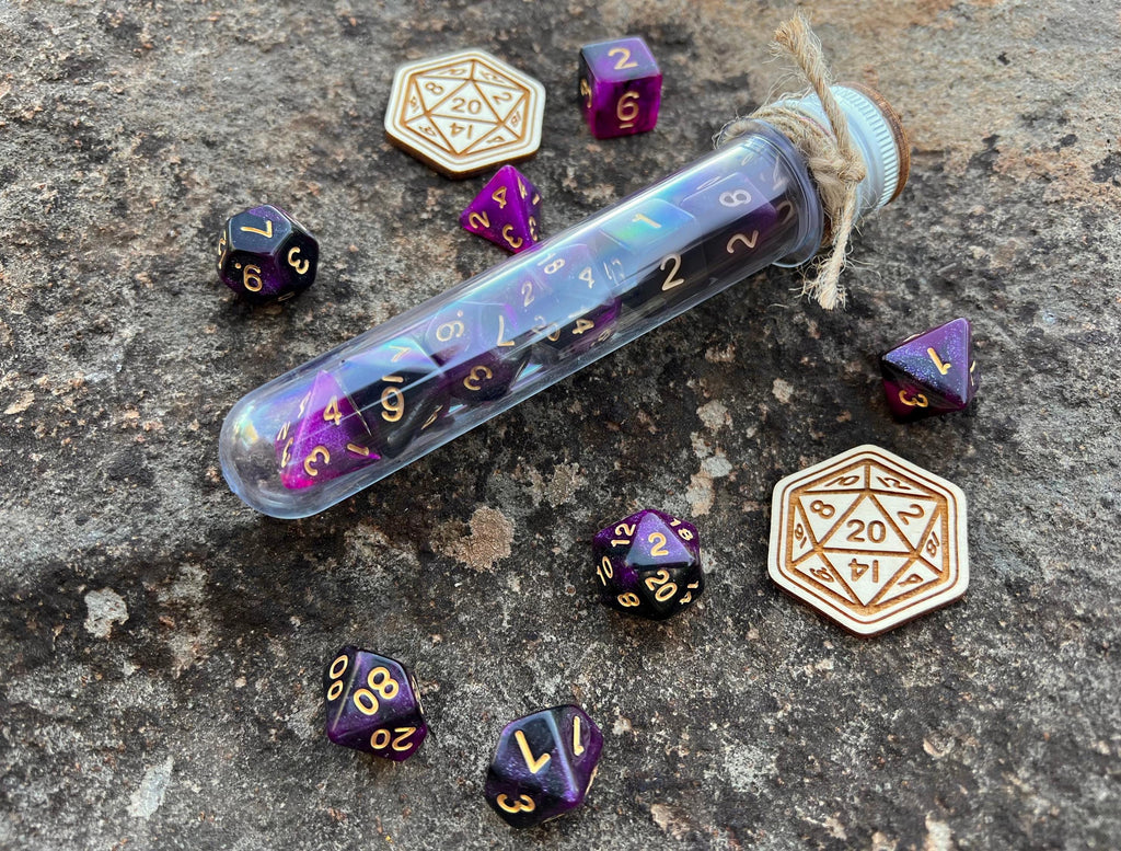 Shimmer Purple Black "Dark Matter" DnD 7 Polyhedral Dice Set in Potion Flask