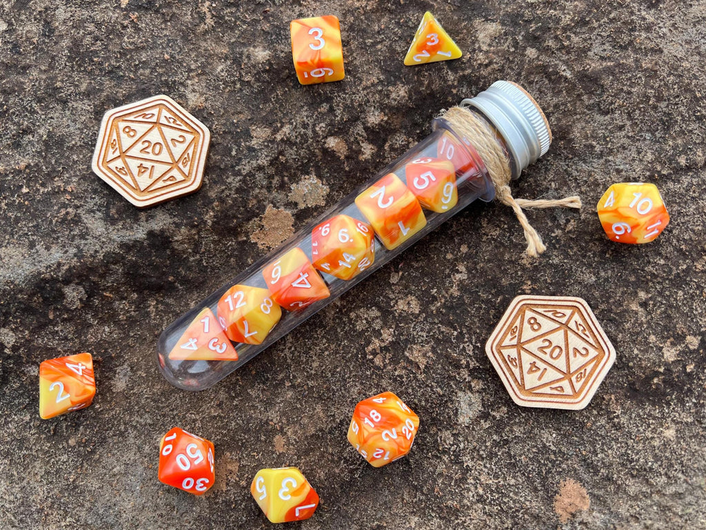 Orange Yellow White "Fireball" DnD 7 Polyhedral Dice Set in Potion Flask
