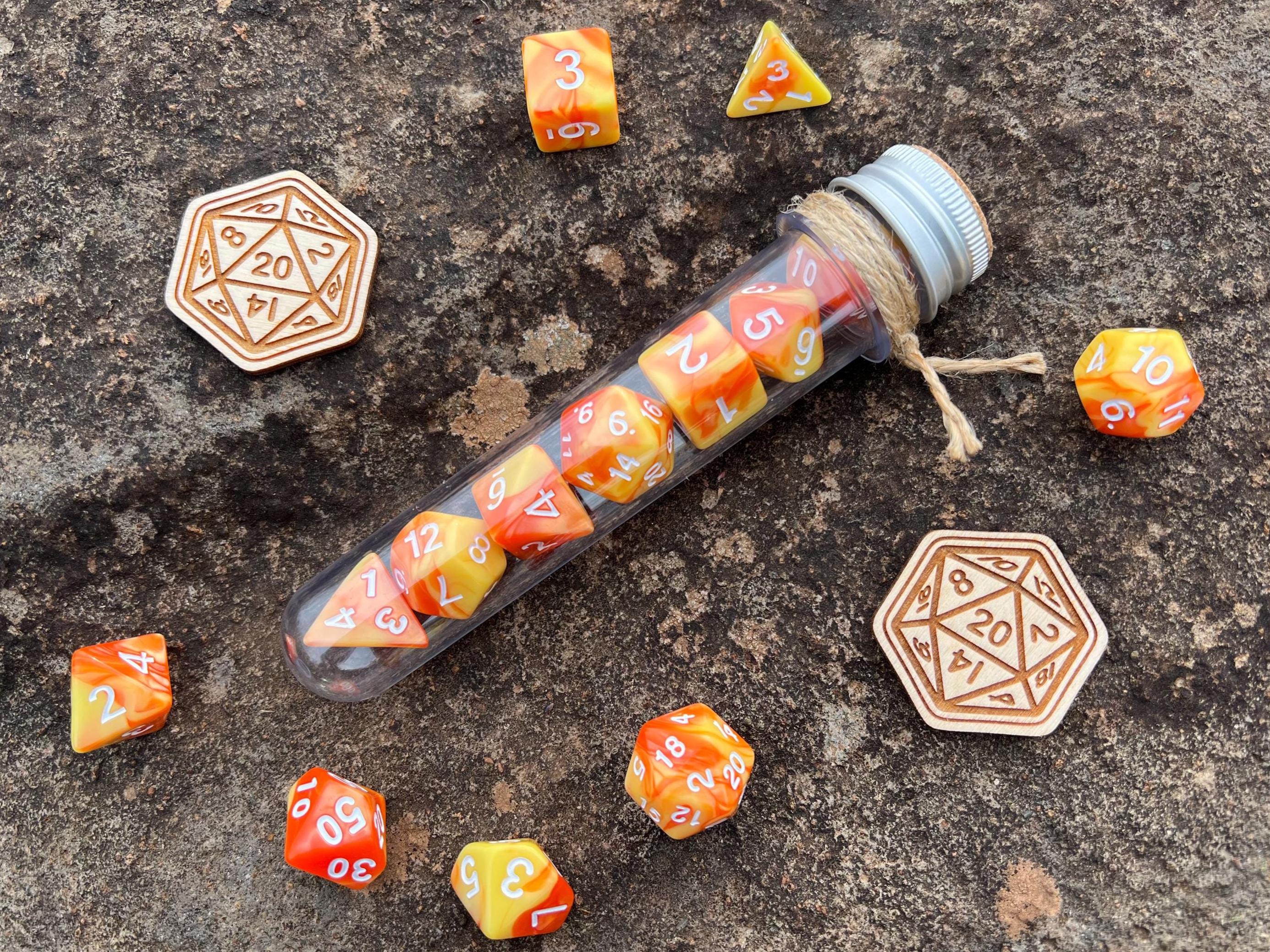 Orange Yellow White "Fireball" DnD 7 Polyhedral Dice Set in Potion Flask