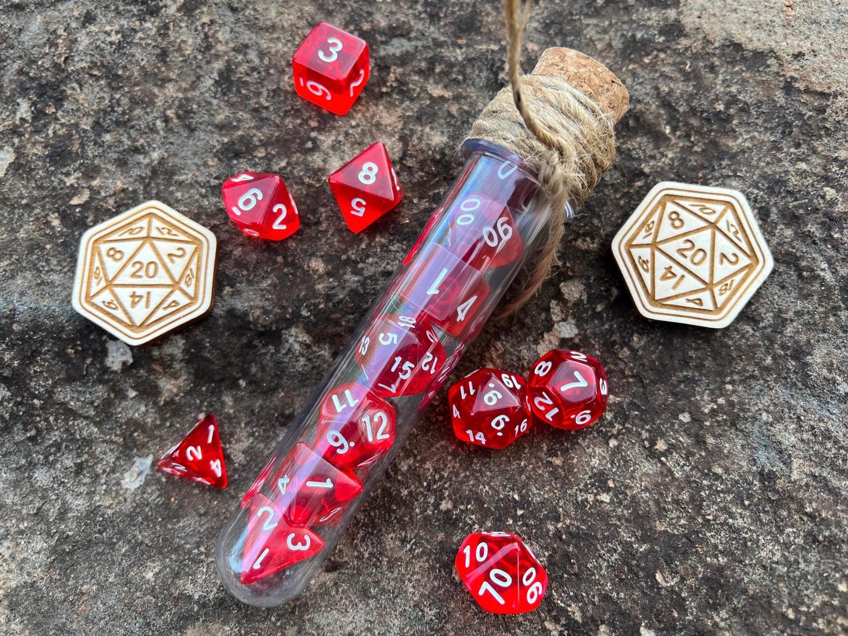 Transparent Red "Health Potion" DnD 7 Polyhedral Dice Set in Potion Flask
