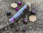 Shimmer Purple Black "Dark Matter" DnD 7 Polyhedral Dice Set in Potion Flask