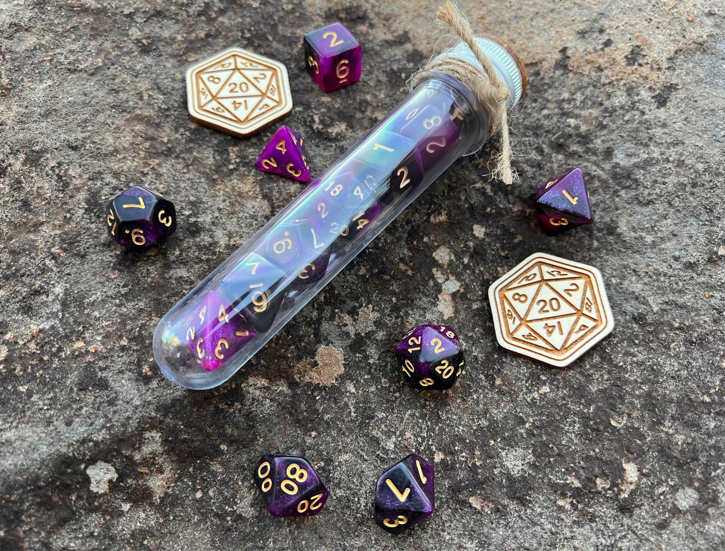 Shimmer Purple Black "Dark Matter" DnD 7 Polyhedral Dice Set in Potion Flask