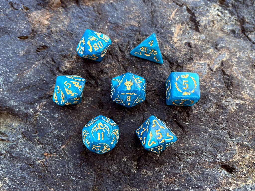 Blue Yellow "Blue Dragon" DnD 7 Polyhedral Dice Set in Potion Flask