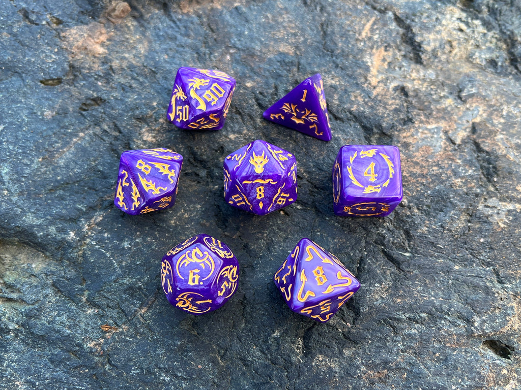 Purple Yellow "Purple Dragon" DnD 7 Polyhedral Dice Set in Potion Flask