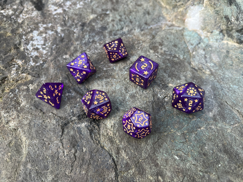 Shimmer Purple Yellow "Purple Constellation" DnD 7 Polyhedral Dice Set in Potion Flask