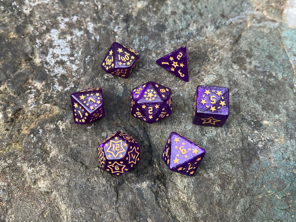 Shimmer Purple Yellow "Purple Constellation" DnD 7 Polyhedral Dice Set in Potion Flask