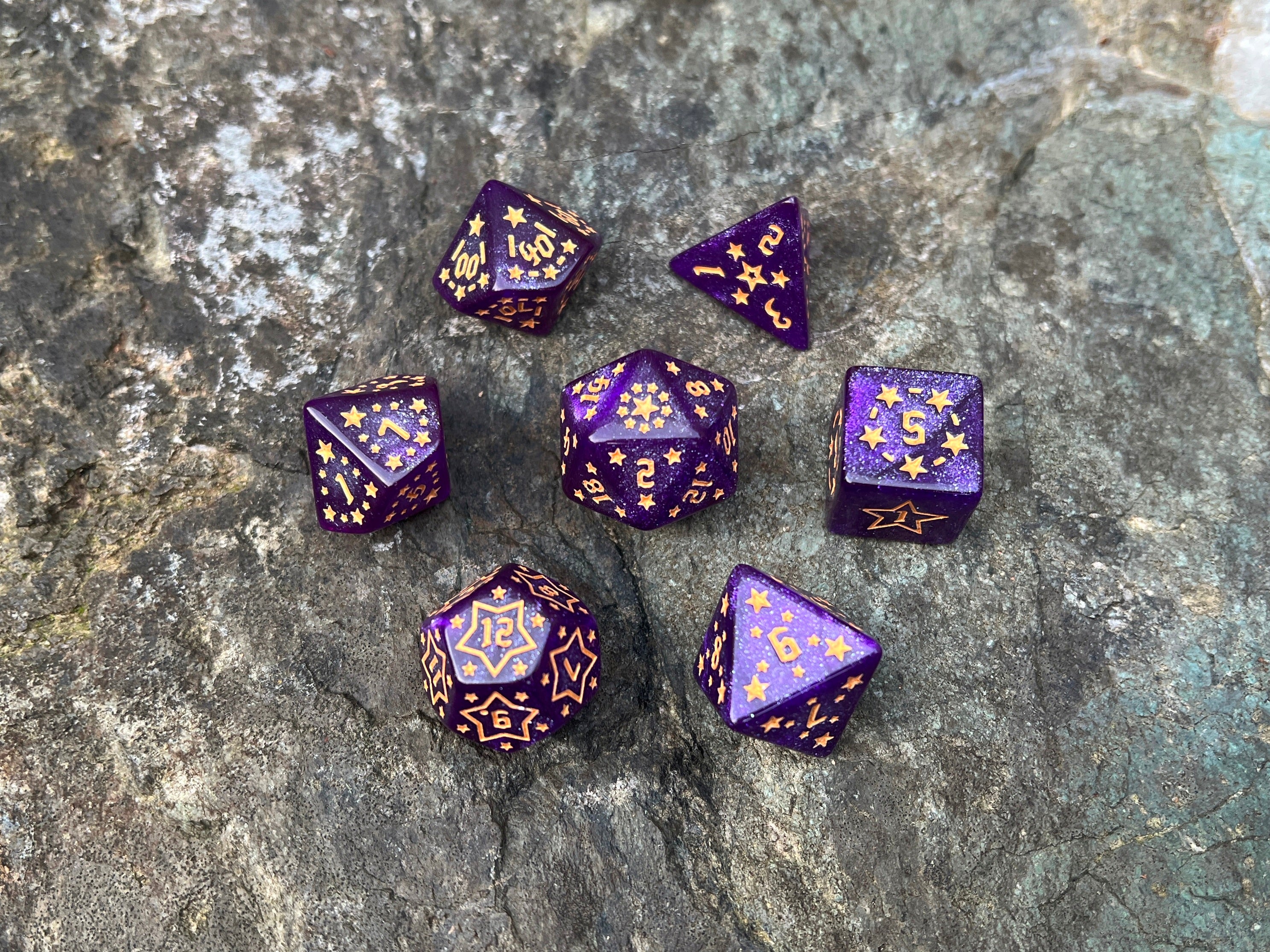 Shimmer Purple Yellow "Purple Constellation" DnD 7 Polyhedral Dice Set in Potion Flask