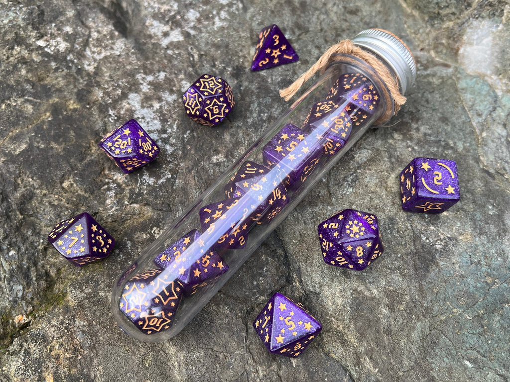 Shimmer Purple Yellow "Purple Constellation" DnD 7 Polyhedral Dice Set in Potion Flask