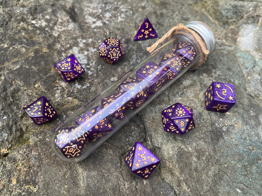 Shimmer Purple Yellow "Purple Constellation" DnD 7 Polyhedral Dice Set in Potion Flask