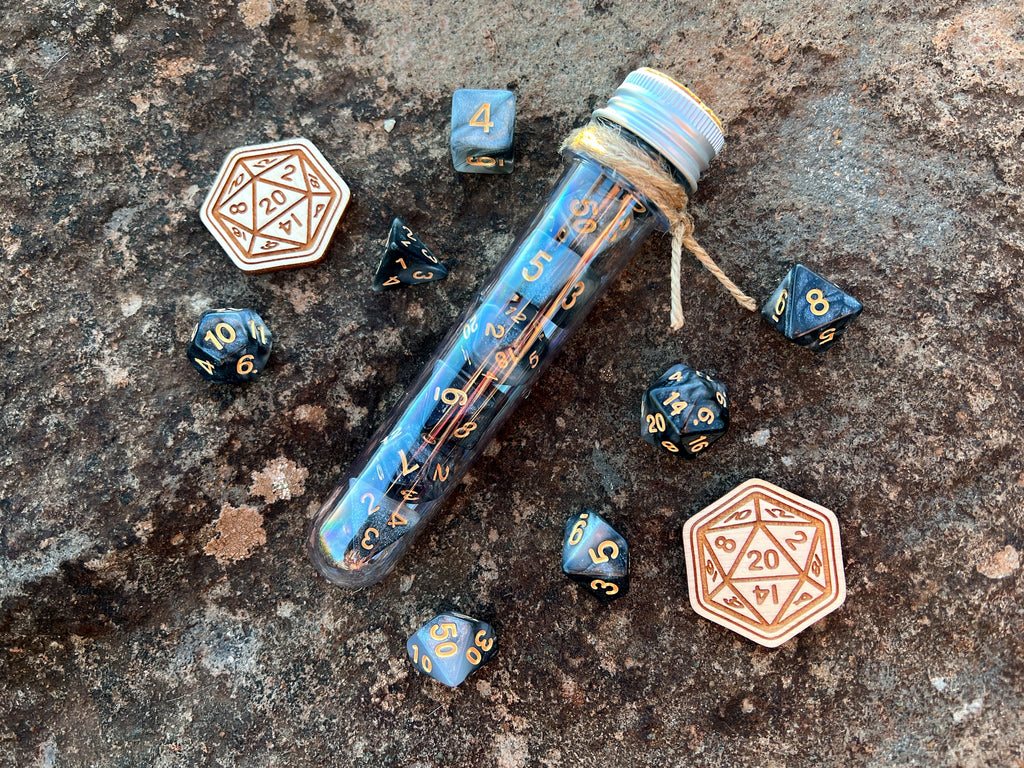 Shimmer Black White "Starry Dome" DnD 7 Polyhedral Dice Set in Potion Flask