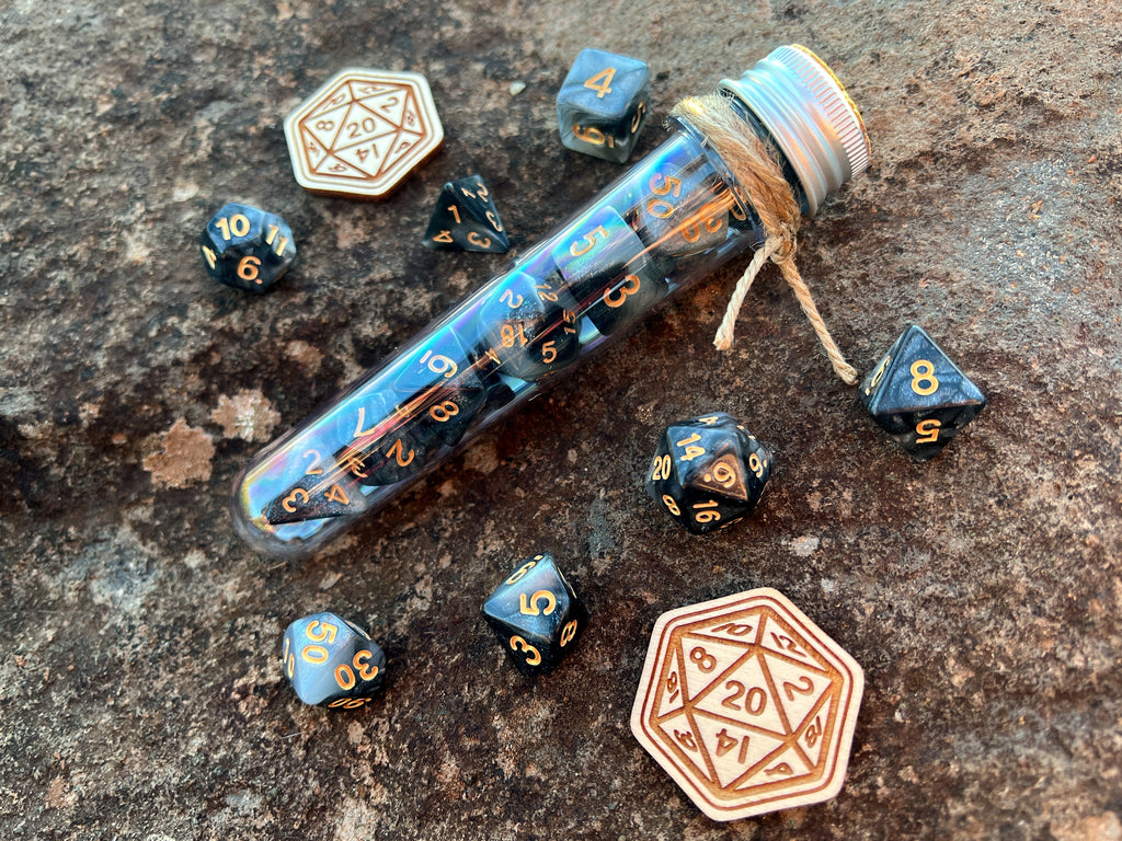 Shimmer Black White "Starry Dome" DnD 7 Polyhedral Dice Set in Potion Flask
