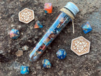 Shimmer Blue Orange "Space Horizon" DnD 7 Polyhedral Dice Set in Potion Flask