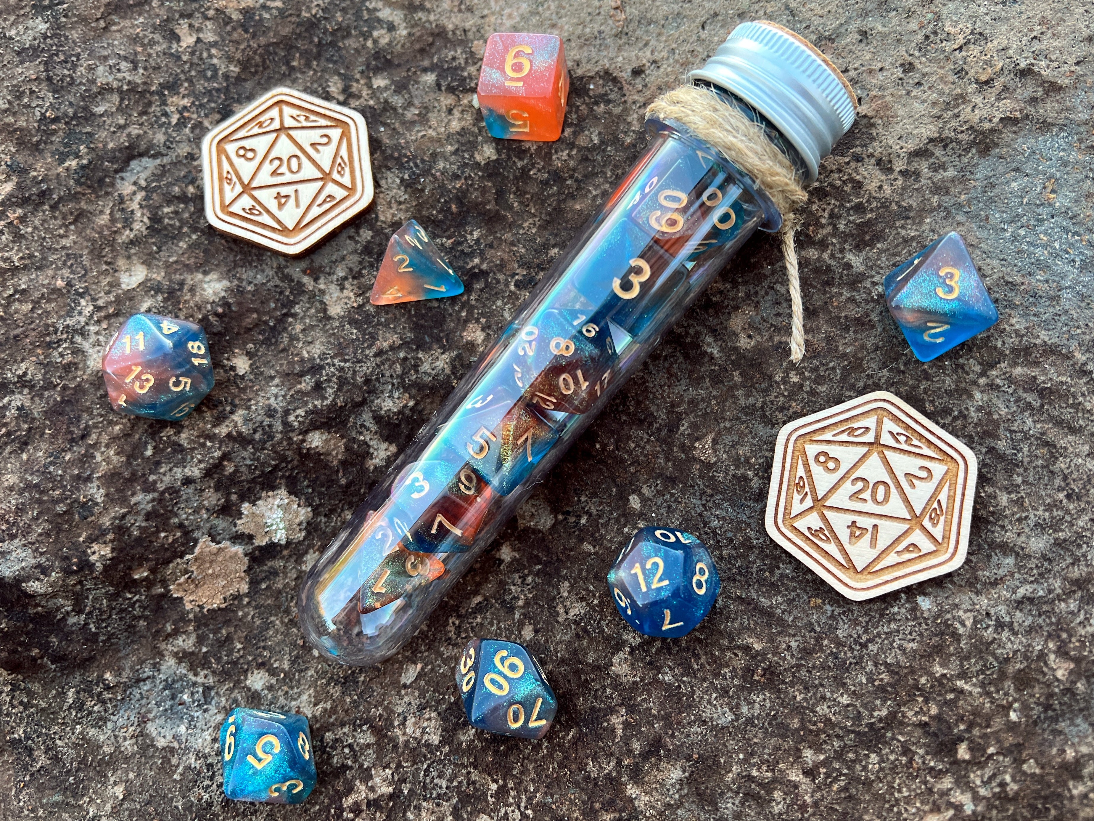 Shimmer Blue Orange "Space Horizon" DnD 7 Polyhedral Dice Set in Potion Flask