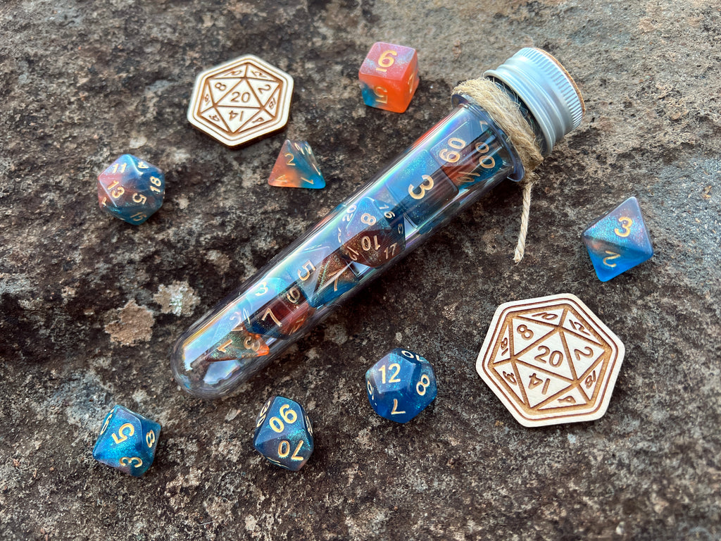 Shimmer Blue Orange "Space Horizon" DnD 7 Polyhedral Dice Set in Potion Flask