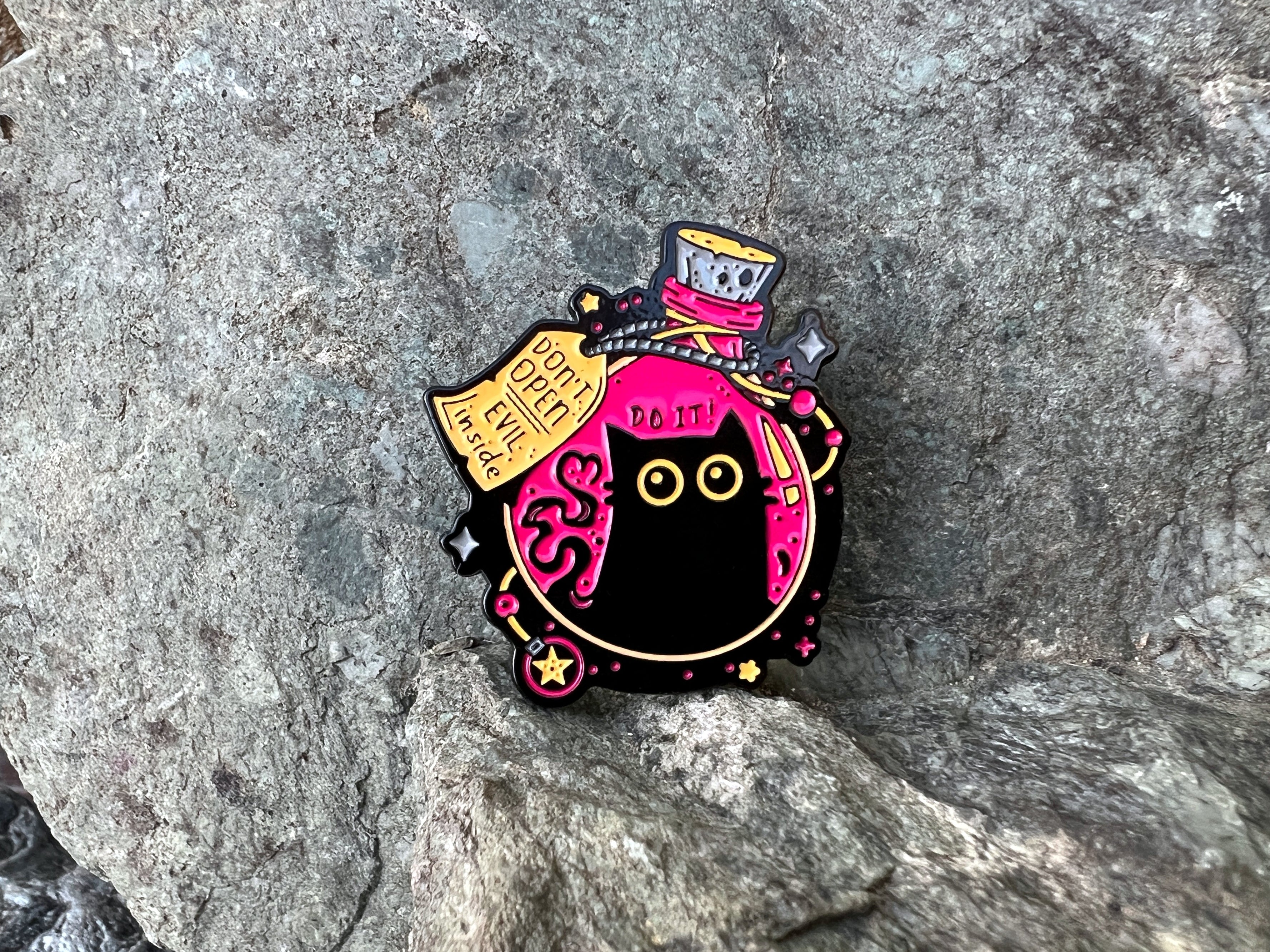 Black Cat Potion “Don't Open Evil Inside" DnD Enamel Pin