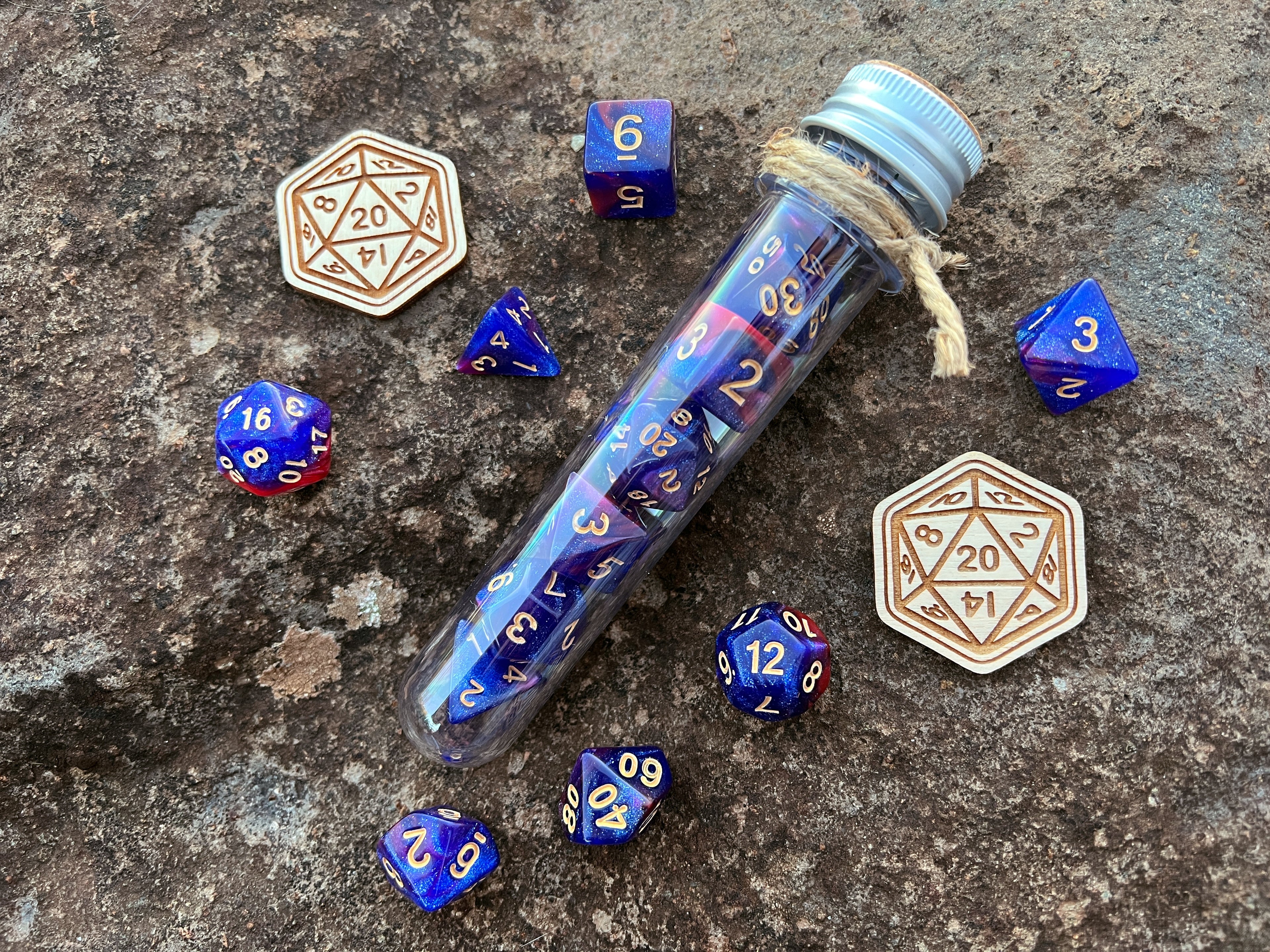 Shimmer Blue Pink "Mikrokosmos" DnD 7 Polyhedral Dice Set in Potion Flask