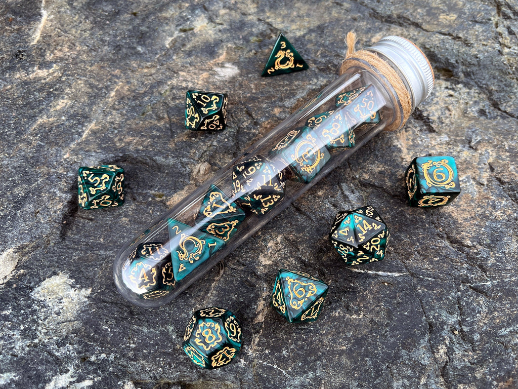 Green Yellow "Tale of Nature" DnD 7 Polyhedral Dice Set in Potion Flask