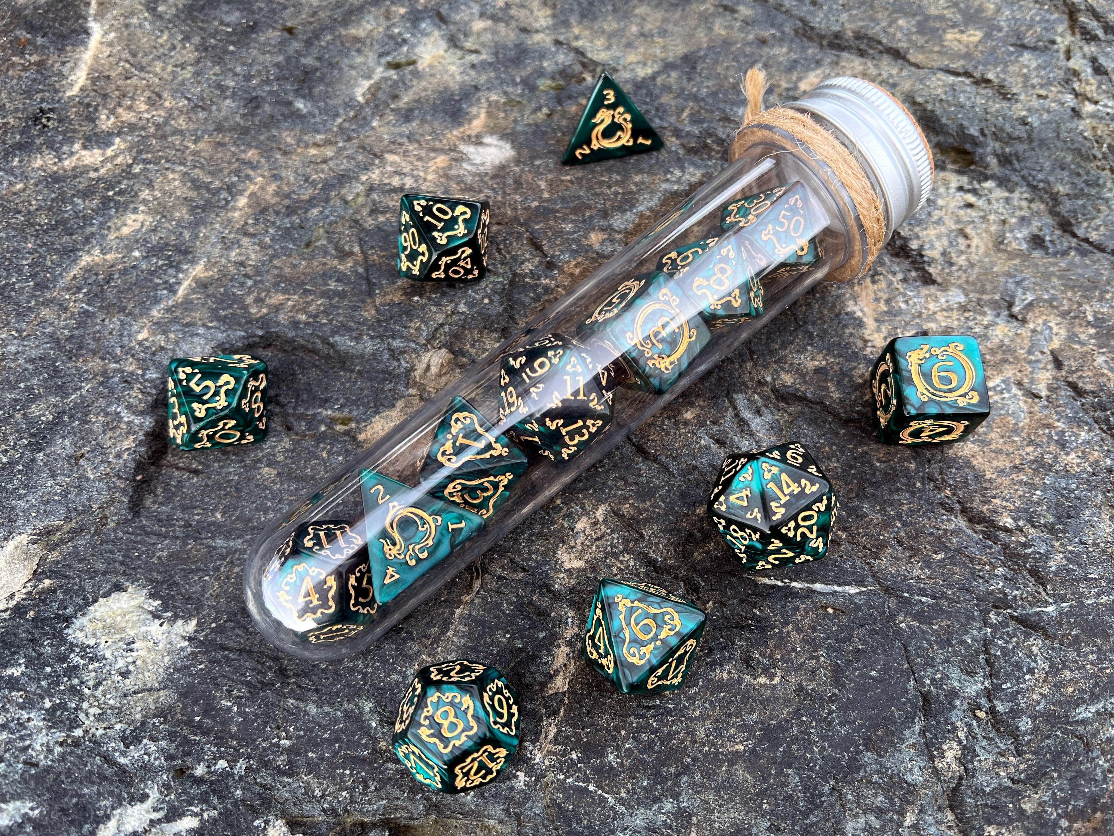 DnD 7 Polyhedral Dice Set in Potion Flask "Tales of Elements" Collection
