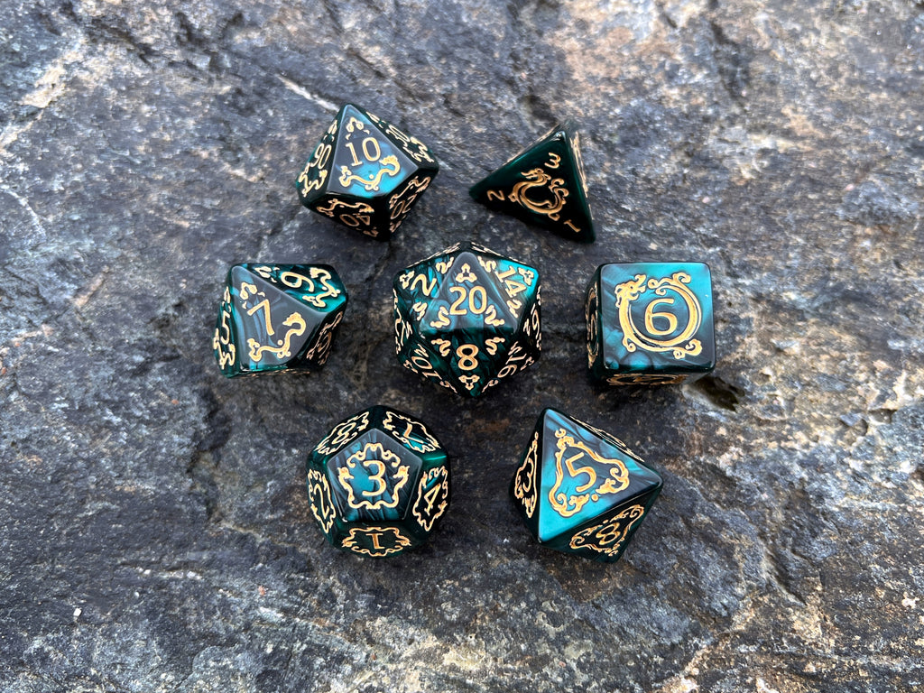 Green Yellow "Tale of Nature" DnD 7 Polyhedral Dice Set in Potion Flask