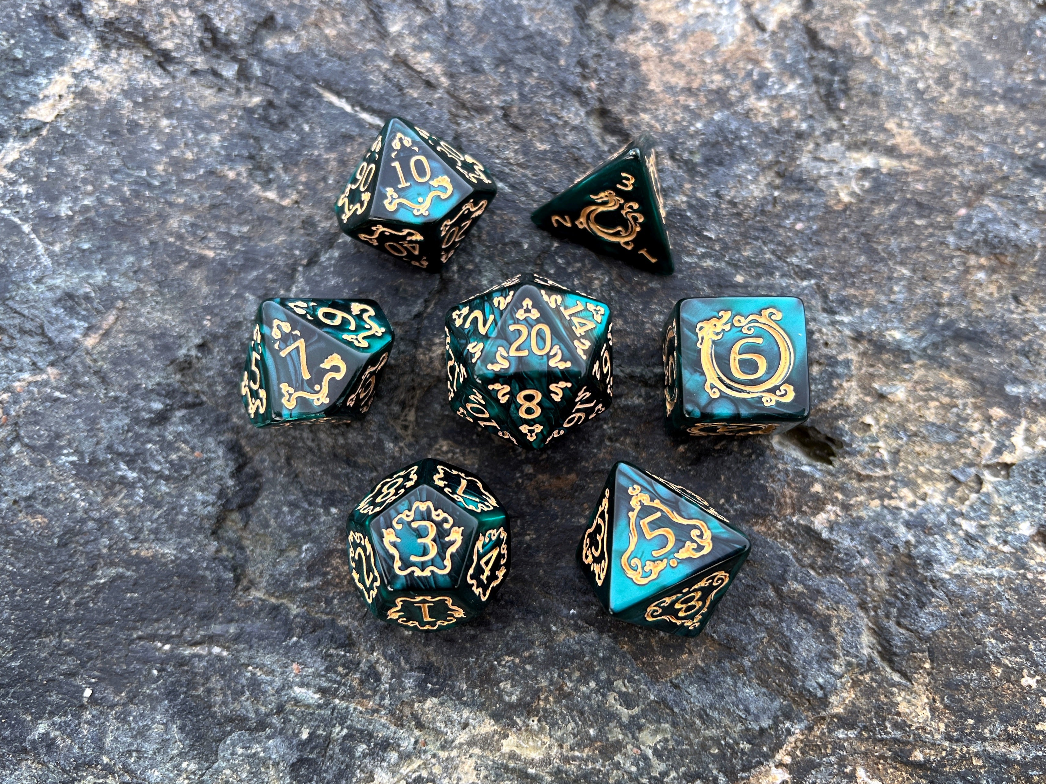 Green Yellow "Tale of Nature" DnD 7 Polyhedral Dice Set in Potion Flask