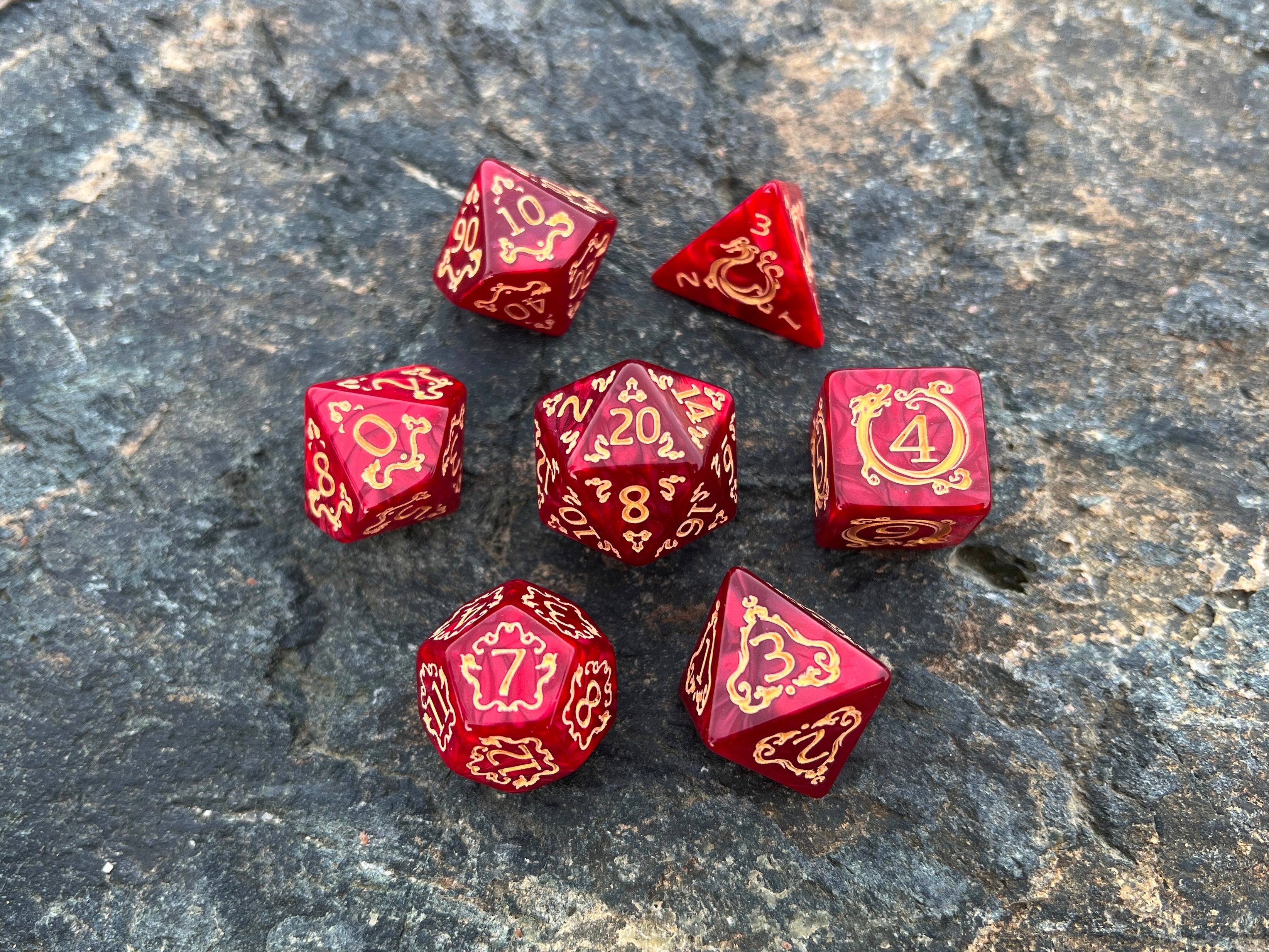 Red Yellow "Tale of Fire" DnD 7 Polyhedral Dice Set in Potion Flask