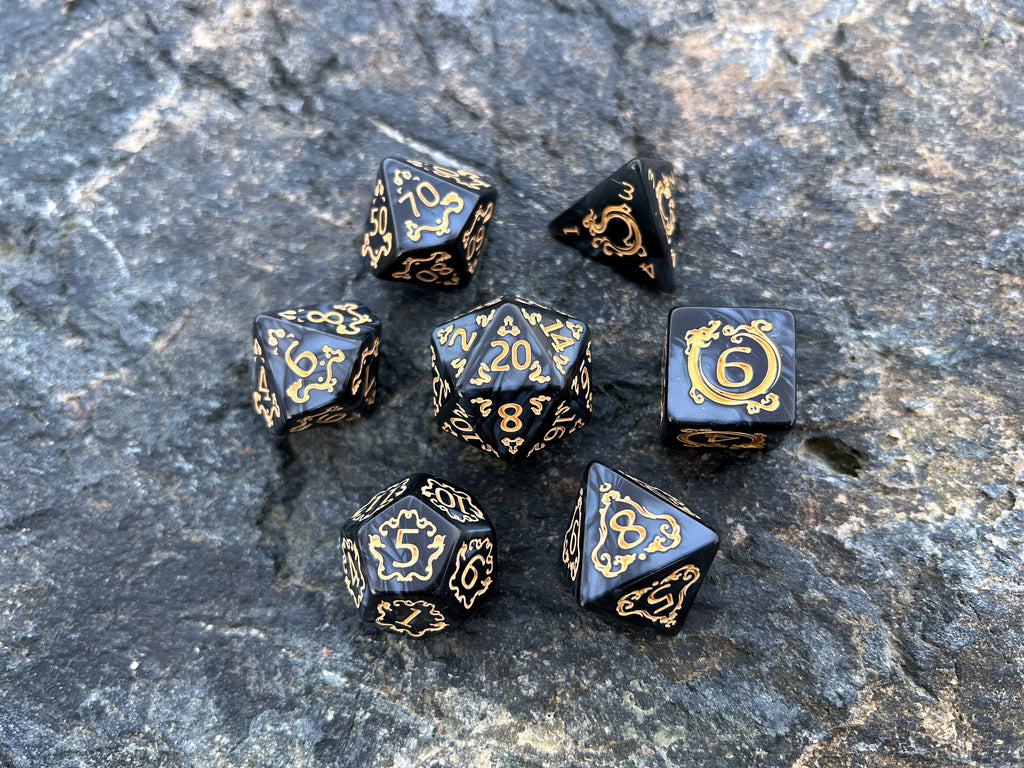Black Yellow "Tale of Aether" DnD 7 Polyhedral Dice Set in Potion Flask