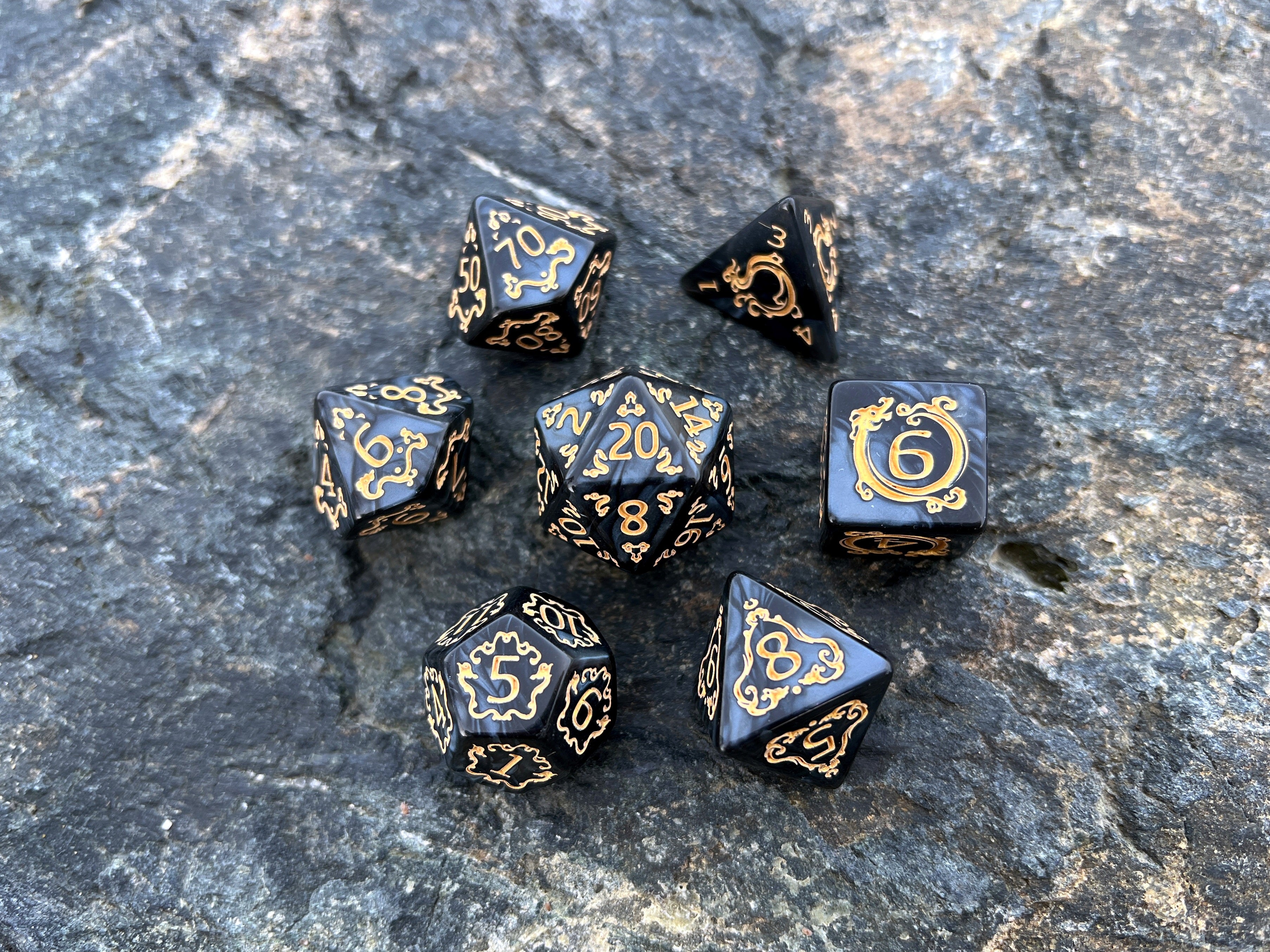 Black Yellow "Tale of Aether" DnD 7 Polyhedral Dice Set in Potion Flask